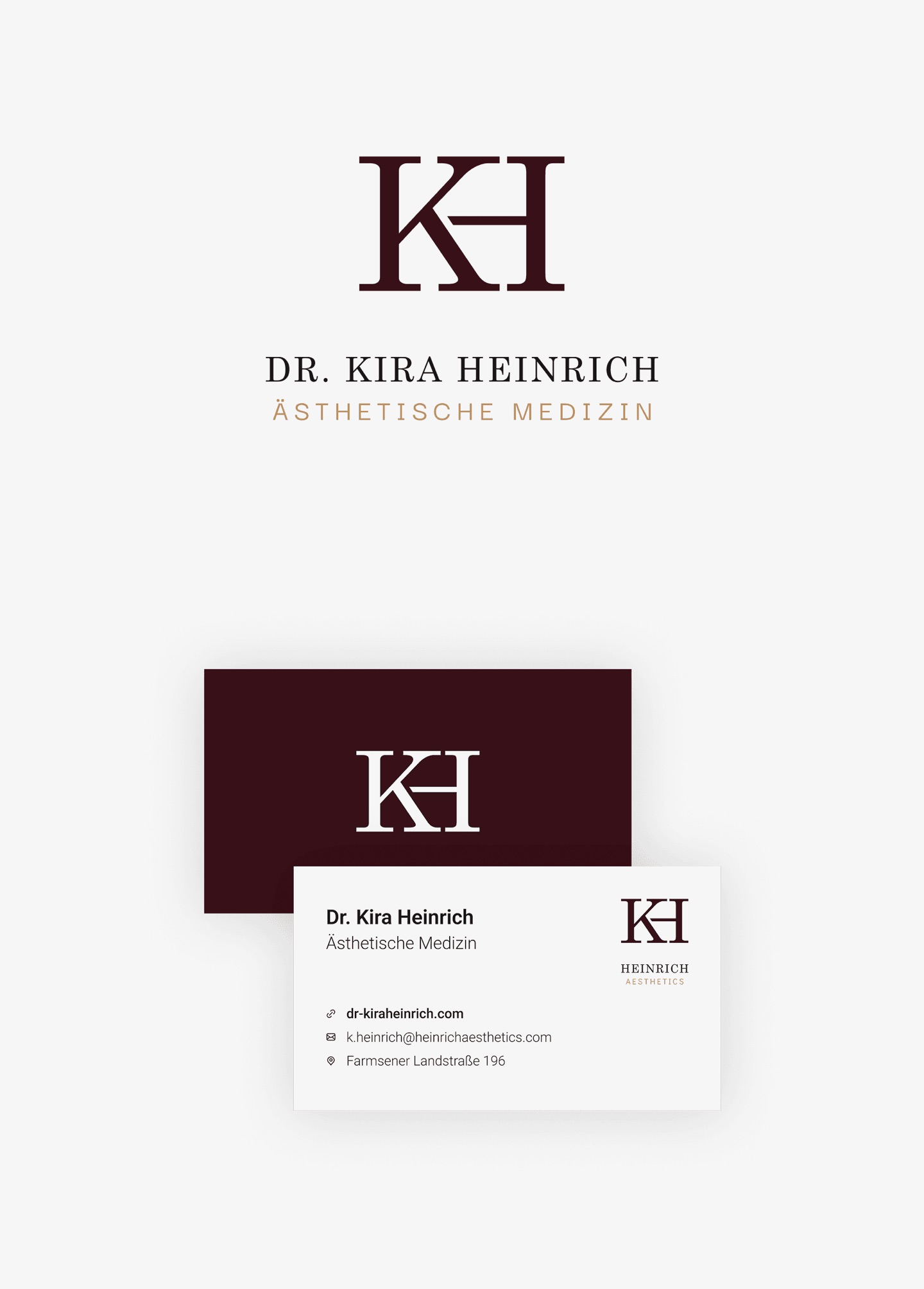 Dr. Kira Heinrich brand sheet: KH monogram, the wordmark Dr. Kira Heinrich, Ästhetische Medizin, and square burgundy and white business cards.