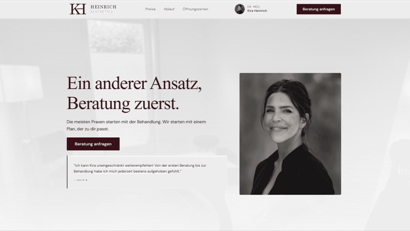 Heinrich Aesthetics website hero: portrait of Dr. Kira Heinrich, the headline Ein anderer Ansatz, Beratung zuerst, and a burgundy booking button.