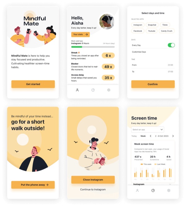Six Mindful Mate app screens in amber and orange: onboarding, dashboard, app blocker schedule, a pause prompt, closing Instagram and weekly screen time.