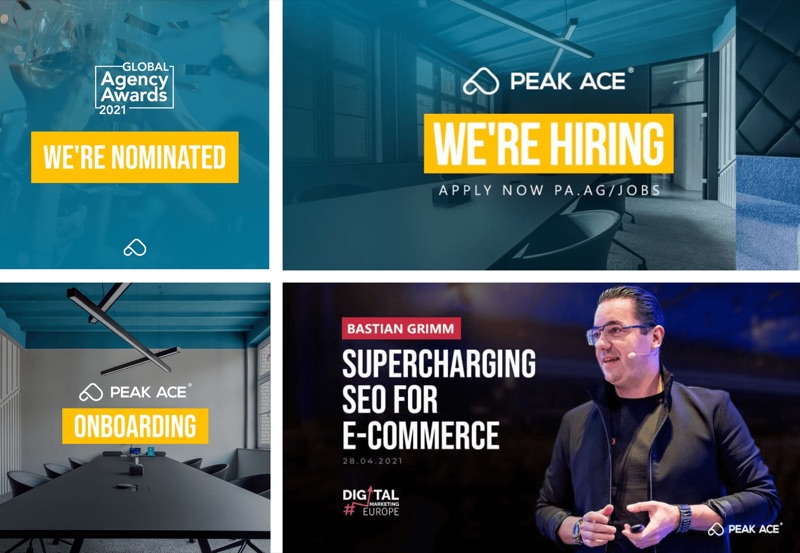 Peak Ace social posts in teal and yellow: an award nomination, a hiring post, an onboarding post and an event speaker card.