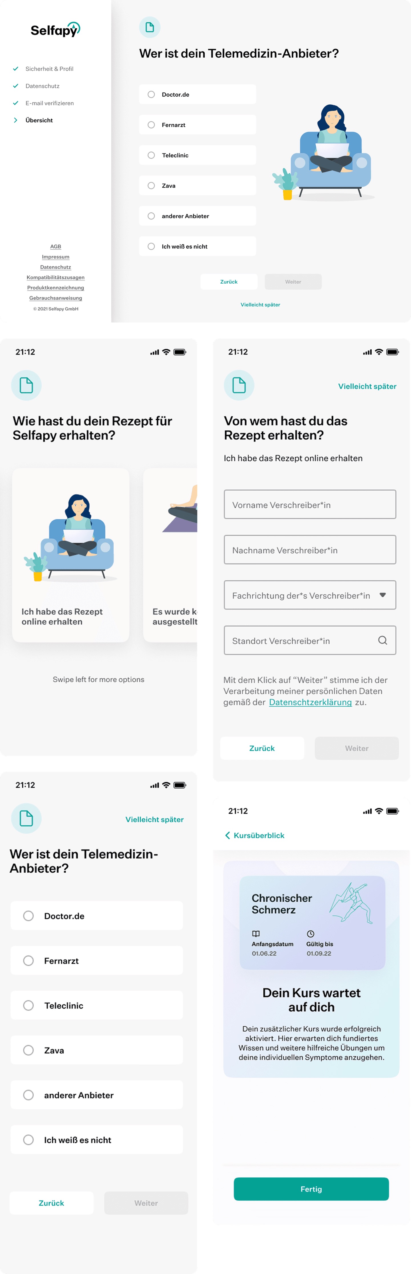 Prescriber flow screens on desktop and mobile: the telemedicine provider question, the optional prescriber form, a Vielleicht später skip link and the course waiting screen.