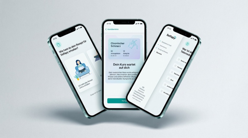 Three phones showing the Selfapy prescriber flow: an optional prescription question, a course card and a list of telemedicine providers.