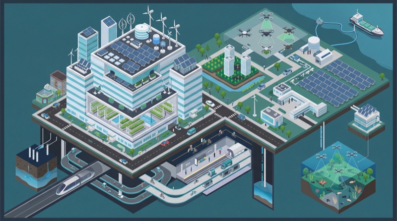 Isometric smart city infographic for RS Components with solar panels, drones, a metro line and vertical farms.