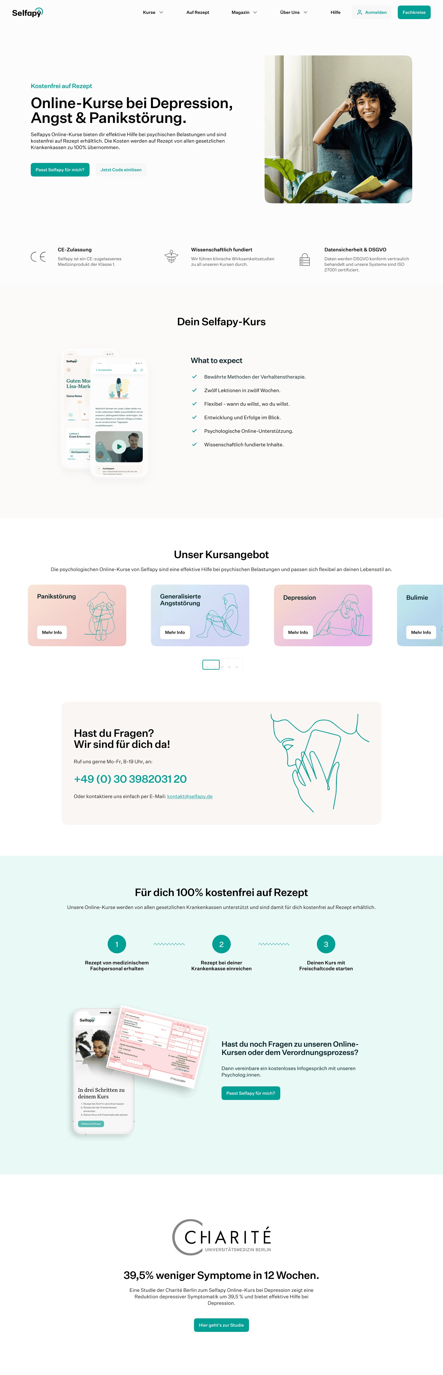 The full Selfapy homepage after the redesign: hero, course cards, the three-step prescription process and the Charité study section.