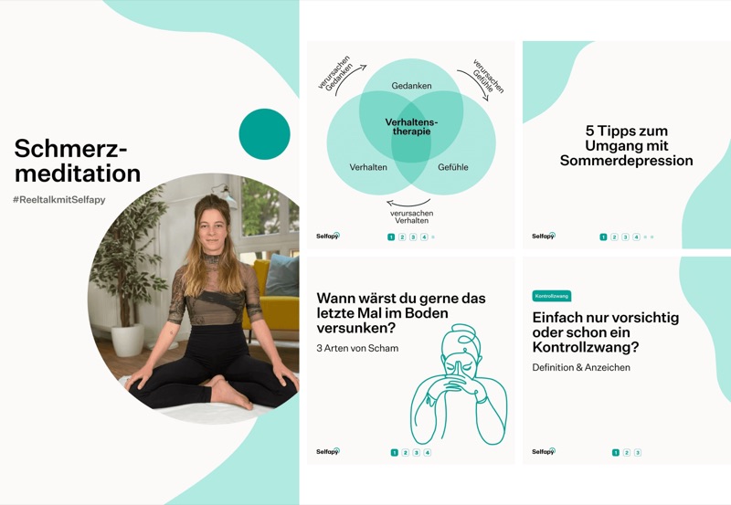 Selfapy Instagram templates: a pain meditation reel cover and four carousel slides with diagrams and line illustrations in mint and teal.