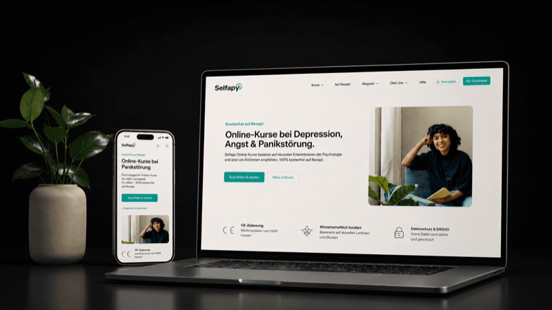 Redesigned Selfapy website in teal on a laptop and a phone, matching the app's colours and type.
